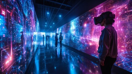 Futuristic art gallery with interactive AI exhibits, visitors using augmented reality glasses to experience art