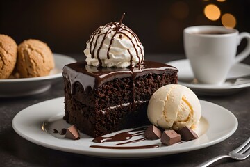 chocolate cake on a plate with ice cream on top	