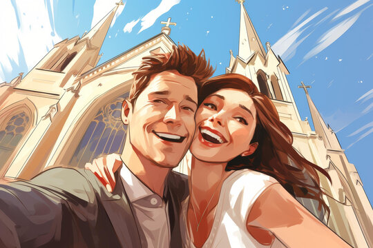 Stunning artistic caricature illustration captures a couple taking a selfie at a beautiful cathedral.