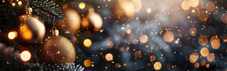 Wall Mural - Golden Christmas Ball Banner with Ice Crystals and Bokeh Lights on Dark Night