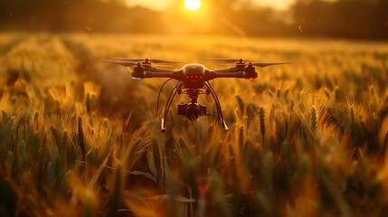 Drone Flying Over Wheat Field at Sunrise. Drone equipped with a camera flying low over a golden wheat field at sunrise, capturing the essence of modern agriculture technology.