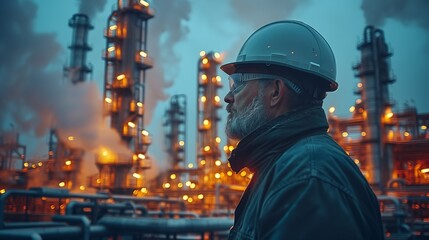 Wall Mural - Engineer Overseeing Refinery Operations. Engineer with a hard hat and goggles overseeing operations at an industrial refinery, with illuminated structures and steam in the background.