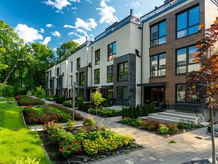 A row of buildings with plants and a garden. Modern townhomes with large windows