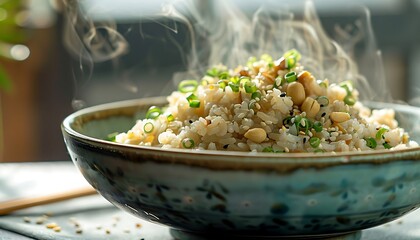 Wall Mural - A bowl of rice with green onions and sesame seeds