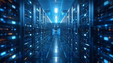 Wall Mural - Rows of Servers in a Futuristic Data Center with Blue LED Lighting Cloud Computing Concept