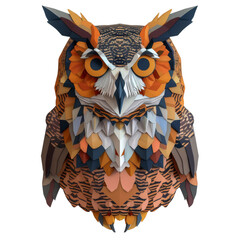 Wall Mural - A paper owl with orange and brown feathers and black eyes. Isolated on transparent background.