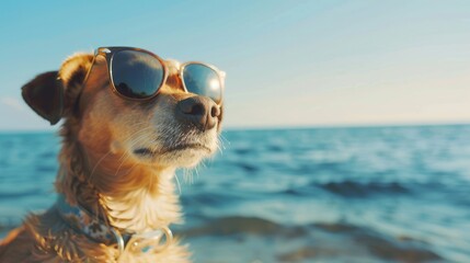 Dog in sunglasses chilling on sea, summer copy space  