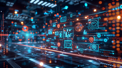 Wall Mural - digital data management system software technology hologram, futuristic business managing software t