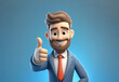 © Guillermo - Hombre empresario joven y de traje sobre fondo celeste. Actitud de aprobación. Dedo pulgar arriba. IA generativa