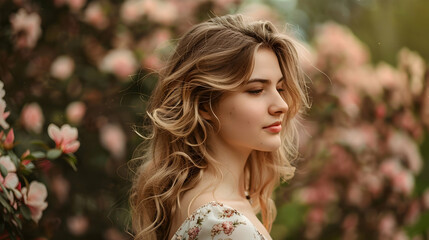 Wall Mural - Profile shot of a cute woman with a serene expression, wavy blonde hair tucked behind her ear, wearing a light floral dress, set against a backdrop of a blooming garden in soft focus