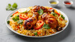 © asma - Plate of tasty chicken biryani with leg pieces and vegetable slices on transparent background