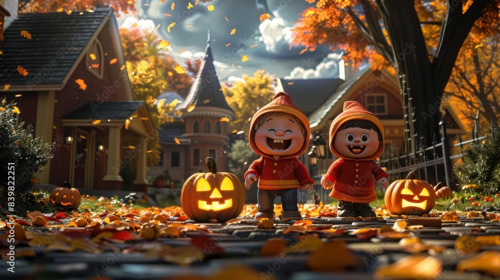 Cartoon children in costumes trick-or-treating in a neighborhood with ...