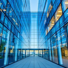 Sleek and Contemporary Urban Office Buildings with Glass Facades Reflecting the Blue Sky