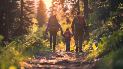 Canvas Print - Family Hiking Together on a Scenic Forest Trail Exploring Nature and Bonding