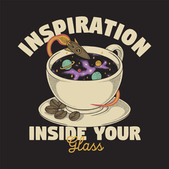 retro cartoon emblem of galaxy inside the coffee cups