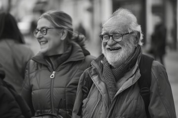 Wall Mural - Portrait of happy senior couple walking in the city. Black and white.