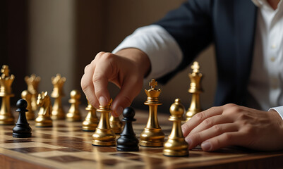 Management or successful leadership game concept. Businessman moving chess piece on chess board,