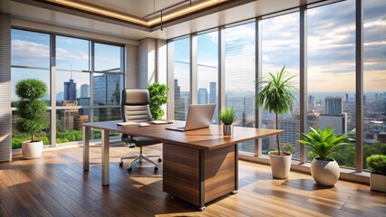 Wall Mural - Modern sleek corporate office interior with trendy furniture, large glass window, and contemporary decor, featuring a tablet on a polished wooden desk.