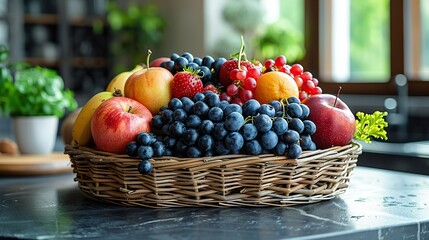 Poster - Basket of fresh fruits on a kitchen island and space for copying
