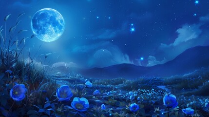 Serene night landscape with Blue Moon casting soft blue light on flowers and sapphire stars, oil painting style focusing on tranquility