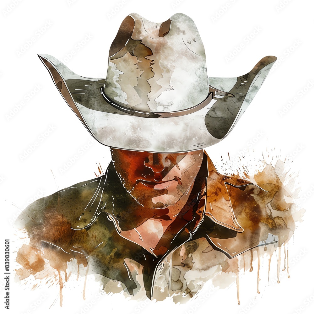 Watercolor portrait of a cowboy with a hat, western style. Stock ...