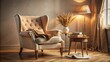 © DigitalArt Max - Cozy atmosphere with soft light, comfortable armchair, and vintage book lying open on a side table amidst warm beige and earthy tones.