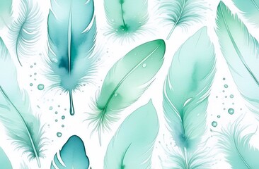 feathers in various shades of light green and teal against white background, watercolor illustration. fabric prints for fashion or home decor, artistic stationery designs. lightness, weightless.