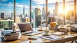 © DigitalArt Max - A cluttered modern office desk with laptops, notebooks, and papers scattered around, surrounded by empty coffee cups and a cityscape in the blurred background.