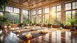 © DigitalArt Max - A serene yoga studio with a meditation corner, candles, and a few blocks, featuring a wooden floor and natural light pouring in through the windows.