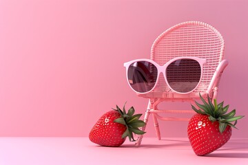 Wall Mural - Bright and playful 3D render of outdoor chair with strawberry and sunglasses on pink background