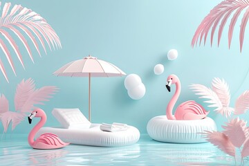 Wall Mural - 3D style summer vacation scene with umbrella, play loungers, flamingo, and swan floats on a beach, fun and relaxing