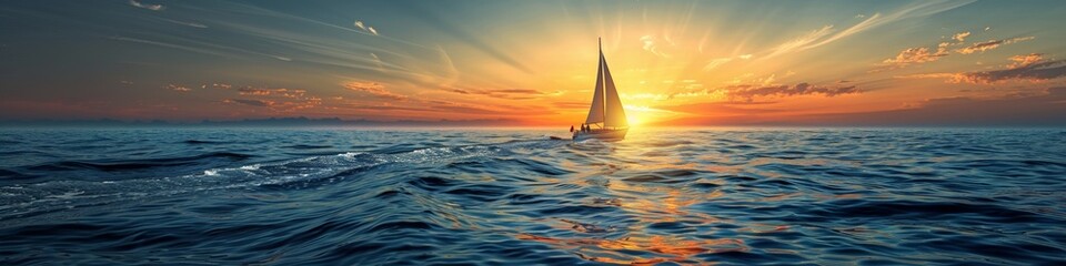 A sailboat sailing on the ocean at sunset. 