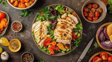 Poster - Chicken salad displayed on a kitchen table from a top view showcasing ingredients and side dishes of vegetables and poultry Promoting a recipe healthy eating and fresh snack idea