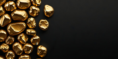 Pure gold ore found in mine, gold nuggets on a black copy space  background