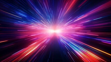 A colorful cosmic neon explosion with light rays streaks suggesting warp speed travel.