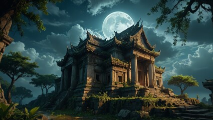 Ancient Temple Under Full Moon