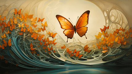 Wall Mural - A beautiful  butterfly on a flower with a soft yellow background. AI Generative