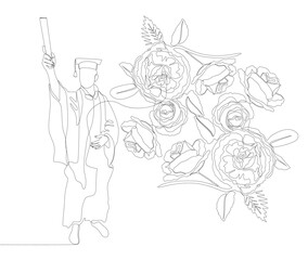 One continuous line of Graduation, man wearing Mortarboard with rose flowers. Thin Line Illustration vector concept. Contour Drawing Creative ideas.