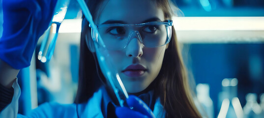 Wall Mural - A woman in lab coat holding a glass tube.