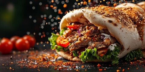 Wall Mural - fresh grilled beef turkish or chicken arabic shawarma doner sandwich with flying ingredients and spices hot ready to serve and eat food commercial advertisement menu banner, Generative AI