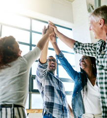 Aufkleber - Business people, circle and high five with smile, celebration and connection in support with diversity. Men, woman and solidarity in scrum with teamwork, synergy and link with motivation at startup