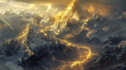 Wall Mural - A golden river flowing from Mount Hyperion, illuminating the surroundings - Fantasy art style with golden tone and mysterious atmosphere