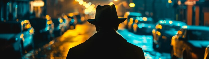 A man wearing a hat is walking down a street at night. The street is filled with cars and the man is the only person visible. The scene has a mysterious and lonely feeling to it