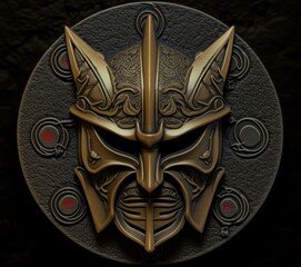 Wall Mural - a samurai mask icon bronze military challenge coin, black textured background