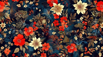 Wall Mural - Fabric Design with Floral and Allover Patterns