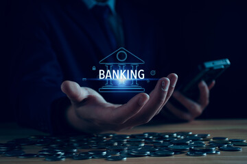 Wall Mural - businessman touch banking network connection. digital online marketing. finance and banking networki