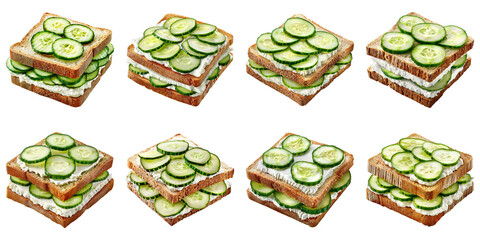 Poster - Set of Cucumber Tea Sandwich With Cream Cheese isolated on transparent png background. Generative ai