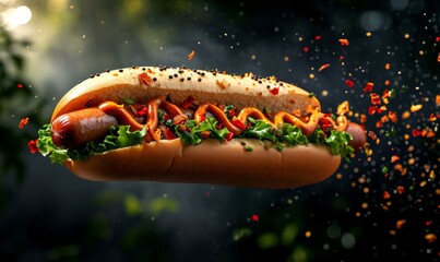 Wall Mural - fresh hotdog or sausage sandwich with flying ingredients and spices hot ready to serve and eat food commercial advertisement menu banner with copy space, Generative AI 