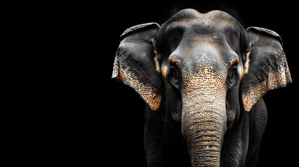 A happy smiling elephant isolated on a black background with copy space, perfect for wildlife conservation and nature-themed designs.