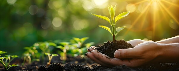 Canvas Print - Hands Nurturing a Seedling for Sustainable Living and Reducing Carbon Footprints at a Local College